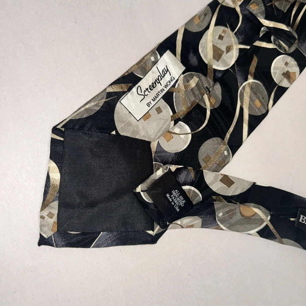Screenplay By Martin Wong Silk Tie “ Bachrach” Black And Golds Abstract
